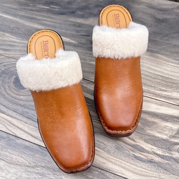 NIB Born Hope 8M Shearling-Lined Open Back Heeled Leather Clogs Brown Tan - Picture 2 of 11